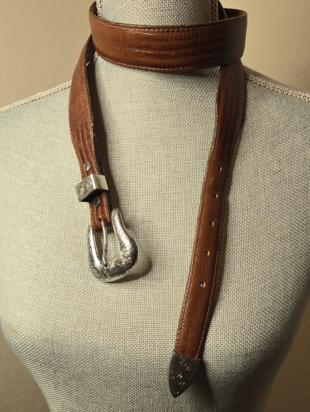 Zoom Brown Leather Belt with Engraved Silver Buckle